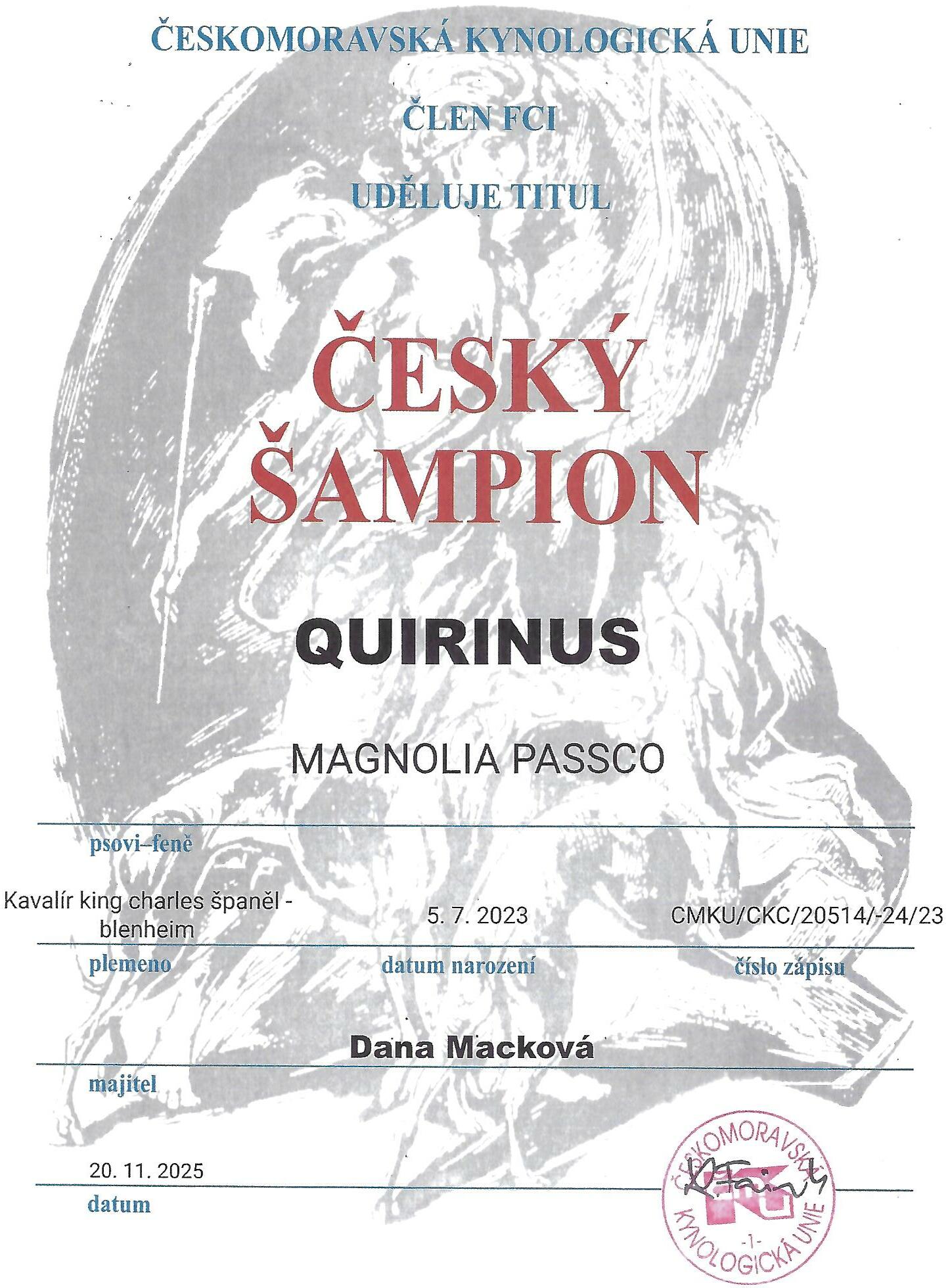 Certifikát Český šampion
